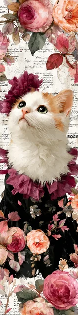 Cat bookmarks featuring a marron fluffy ear white and orange cat with flowers